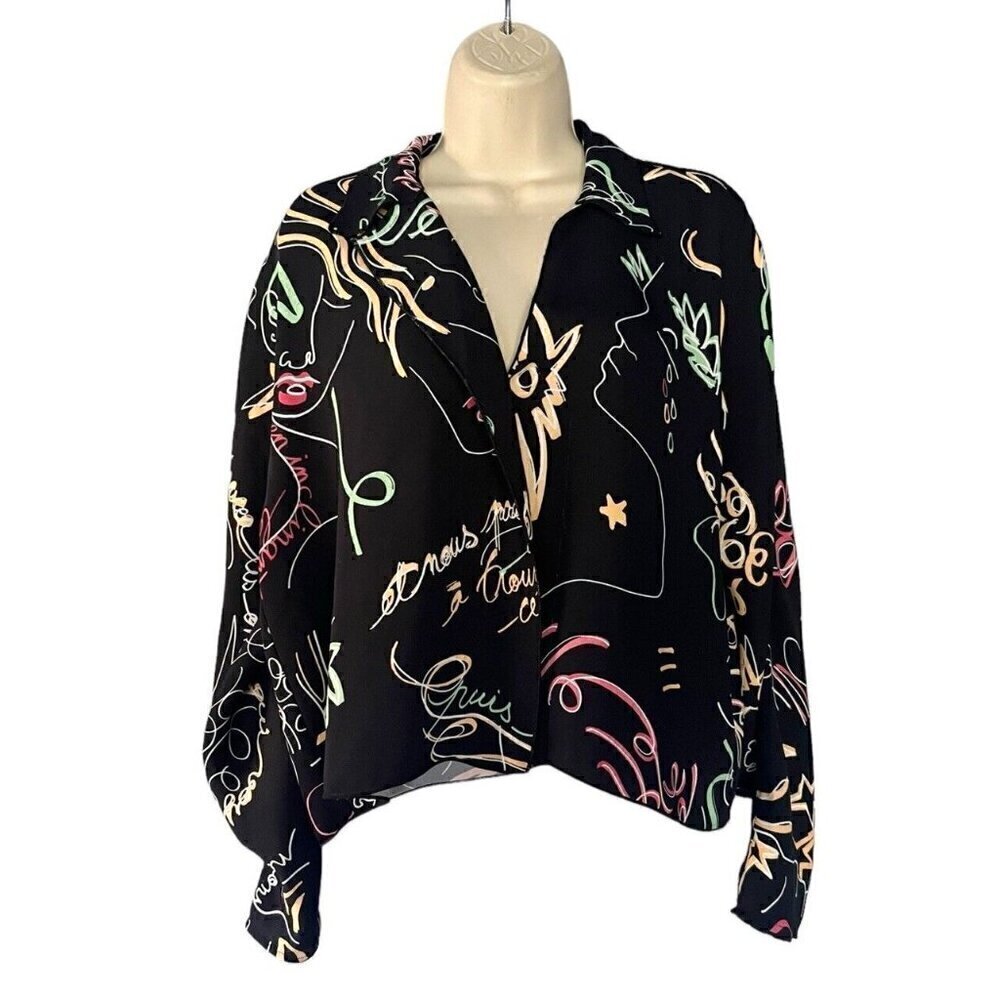 Babaton Aritzia Woman's Sz S Martin Black Graffiti Print Button Front Blouse